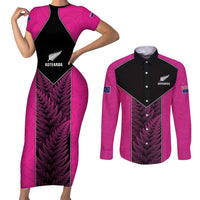 New Zealand Fern Rugby Custom Couples Matching Short Sleeve Bodycon Dress and Long Sleeve Button Shirt Pink Maori Pattern LT05 Pink - Polynesian Pride