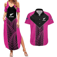 New Zealand Fern Rugby Custom Couples Matching Summer Maxi Dress and Hawaiian Shirt Pink Maori Pattern LT05 Pink - Polynesian Pride