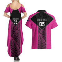 New Zealand Fern Rugby Custom Couples Matching Summer Maxi Dress and Hawaiian Shirt Pink Maori Pattern LT05 - Polynesian Pride