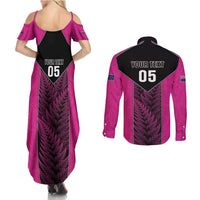 New Zealand Fern Rugby Custom Couples Matching Summer Maxi Dress and Long Sleeve Button Shirt Pink Maori Pattern LT05 - Polynesian Pride