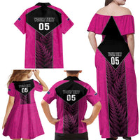 New Zealand Fern Rugby Custom Family Matching Off Shoulder Maxi Dress and Hawaiian Shirt Pink Maori Pattern LT05 - Polynesian Pride
