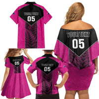 New Zealand Fern Rugby Custom Family Matching Off Shoulder Short Dress and Hawaiian Shirt Pink Maori Pattern LT05 - Polynesian Pride