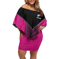 New Zealand Fern Rugby Custom Family Matching Off Shoulder Short Dress and Hawaiian Shirt Pink Maori Pattern LT05 Mom's Dress Pink - Polynesian Pride