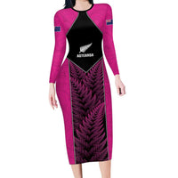 New Zealand Fern Rugby Custom Long Sleeve Bodycon Dress Pink Maori Pattern LT05 Long Dress Pink - Polynesian Pride