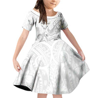 Personalised Brain Cancer Awareness Family Matching Off Shoulder Short Dress and Hawaiian Shirt Ribbon Polynesian Pattern LT05 Daughter's Dress White - Polynesian Pride
