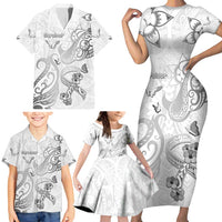 Personalised Brain Cancer Awareness Family Matching Short Sleeve Bodycon Dress and Hawaiian Shirt Ribbon Polynesian Pattern LT05 - Polynesian Pride
