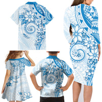 Polynesian Pattern With Plumeria Flowers Family Matching Long Sleeve Bodycon Dress and Hawaiian Shirt Blue LT05 - Polynesian Pride