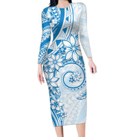 Polynesian Pattern With Plumeria Flowers Family Matching Long Sleeve Bodycon Dress and Hawaiian Shirt Blue LT05 Mom's Dress Blue - Polynesian Pride