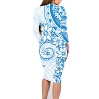 Polynesian Pattern With Plumeria Flowers Family Matching Long Sleeve Bodycon Dress and Hawaiian Shirt Blue LT05 - Polynesian Pride