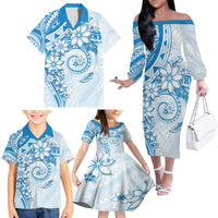 Polynesian Pattern With Plumeria Flowers Family Matching Off The Shoulder Long Sleeve Dress and Hawaiian Shirt Blue LT05 - Polynesian Pride