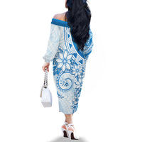 Polynesian Pattern With Plumeria Flowers Family Matching Off The Shoulder Long Sleeve Dress and Hawaiian Shirt Blue LT05 - Polynesian Pride