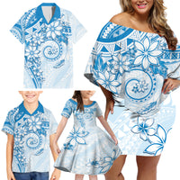 Polynesian Pattern With Plumeria Flowers Family Matching Off Shoulder Short Dress and Hawaiian Shirt Blue LT05 - Polynesian Pride