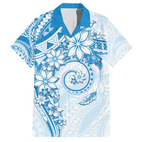 Polynesian Pattern With Plumeria Flowers Family Matching Puletasi and Hawaiian Shirt Blue