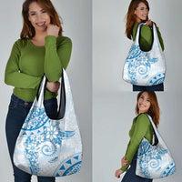 Polynesian Pattern With Plumeria Flowers Grocery Bag Blue