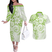 Polynesian Pattern With Plumeria Flowers Couples Matching Off The Shoulder Long Sleeve Dress and Hawaiian Shirt Lime Green LT05 Lime Green - Polynesian Pride