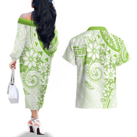 Polynesian Pattern With Plumeria Flowers Couples Matching Off The Shoulder Long Sleeve Dress and Hawaiian Shirt Lime Green LT05 - Polynesian Pride