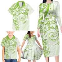 Polynesian Pattern With Plumeria Flowers Family Matching Long Sleeve Bodycon Dress and Hawaiian Shirt Lime Green LT05 - Polynesian Pride