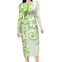 Polynesian Pattern With Plumeria Flowers Family Matching Long Sleeve Bodycon Dress and Hawaiian Shirt Lime Green LT05 Mom's Dress Lime Green - Polynesian Pride