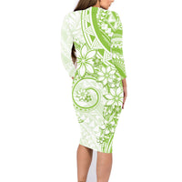 Polynesian Pattern With Plumeria Flowers Family Matching Long Sleeve Bodycon Dress and Hawaiian Shirt Lime Green LT05 - Polynesian Pride