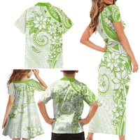 Polynesian Pattern With Plumeria Flowers Family Matching Short Sleeve Bodycon Dress and Hawaiian Shirt Lime Green LT05 - Polynesian Pride