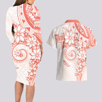 Polynesian Pattern With Plumeria Flowers Couples Matching Long Sleeve Bodycon Dress and Hawaiian Shirt Orange Peach LT05 - Polynesian Pride