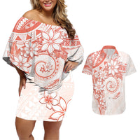 Polynesian Pattern With Plumeria Flowers Couples Matching Off Shoulder Short Dress and Hawaiian Shirt Orange Peach