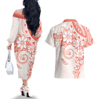 Polynesian Pattern With Plumeria Flowers Couples Matching Off The Shoulder Long Sleeve Dress and Hawaiian Shirt Orange Peach LT05 - Polynesian Pride
