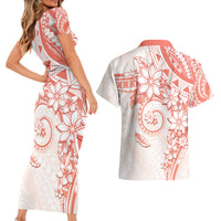 Polynesian Pattern With Plumeria Flowers Couples Matching Short Sleeve Bodycon Dress and Hawaiian Shirt Orange Peach LT05 - Polynesian Pride