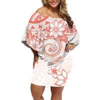 Polynesian Pattern With Plumeria Flowers Family Matching Off Shoulder Short Dress and Hawaiian Shirt Orange Peach LT05 Mom's Dress Peach - Polynesian Pride