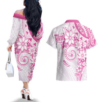 Polynesian Pattern With Plumeria Flowers Couples Matching Off The Shoulder Long Sleeve Dress and Hawaiian Shirt Pink LT05 - Polynesian Pride