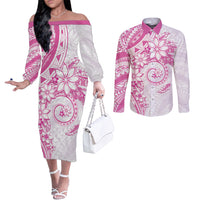 Polynesian Pattern With Plumeria Flowers Couples Matching Off The Shoulder Long Sleeve Dress and Long Sleeve Button Shirt Pink