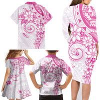Polynesian Pattern With Plumeria Flowers Family Matching Long Sleeve Bodycon Dress and Hawaiian Shirt Pink LT05 - Polynesian Pride