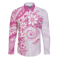 Polynesian Pattern With Plumeria Flowers Family Matching Off Shoulder Short Dress and Hawaiian Shirt Pink LT05 Dad's Shirt - Long Sleeve Pink - Polynesian Pride