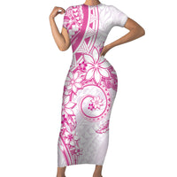 Polynesian Pattern With Plumeria Flowers Family Matching Short Sleeve Bodycon Dress and Hawaiian Shirt Pink LT05 Mom's Dress Pink - Polynesian Pride