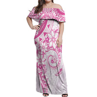 Polynesian Pattern With Plumeria Flowers Off Shoulder Maxi Dress Pink