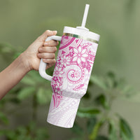 Pink Polynesian Pattern With Plumeria Flowers Tumbler With Handle