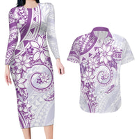 Polynesian Pattern With Plumeria Flowers Couples Matching Long Sleeve Bodycon Dress and Hawaiian Shirt Purple LT05 Purple - Polynesian Pride