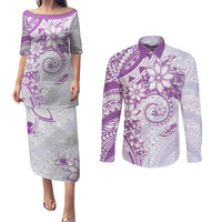 Polynesian Pattern With Plumeria Flowers Couples Matching Puletasi and Long Sleeve Button Shirt Purple
