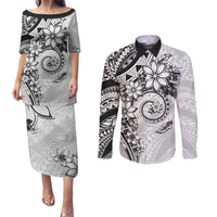 Polynesian Pattern With Plumeria Flowers Couples Matching Puletasi and Long Sleeve Button Shirt White