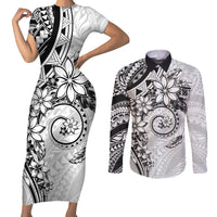 Polynesian Pattern With Plumeria Flowers Couples Matching Short Sleeve Bodycon Dress and Long Sleeve Button Shirt White