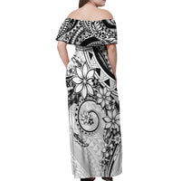 Polynesian Pattern With Plumeria Flowers Off Shoulder Maxi Dress White