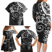 Polynesian Pattern With Plumeria Flowers Family Matching Long Sleeve Bodycon Dress and Hawaiian Shirt Black LT05 - Polynesian Pride