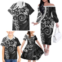 Polynesian Pattern With Plumeria Flowers Family Matching Off The Shoulder Long Sleeve Dress and Hawaiian Shirt Black LT05 - Polynesian Pride