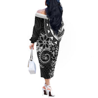 Polynesian Pattern With Plumeria Flowers Off The Shoulder Long Sleeve Dress Black