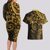 Polynesian Sunset Plumeria Couples Matching Long Sleeve Bodycon Dress and Hawaiian Shirt Gold Polynesian Tattoo LT05 - Polynesian Pride