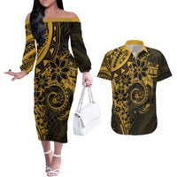 Polynesian Sunset Plumeria Couples Matching Off The Shoulder Long Sleeve Dress and Hawaiian Shirt Gold Polynesian Tattoo LT05 Gold - Polynesian Pride