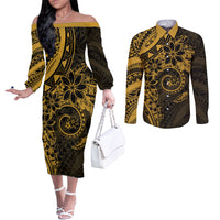 Polynesian Sunset Plumeria Couples Matching Off The Shoulder Long Sleeve Dress and Long Sleeve Button Shirt Gold Polynesian Tattoo LT05 Gold - Polynesian Pride