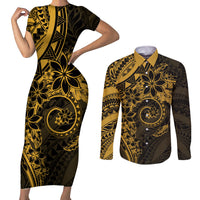 Polynesian Sunset Plumeria Couples Matching Short Sleeve Bodycon Dress and Long Sleeve Button Shirt Gold Polynesian Tattoo LT05 Gold - Polynesian Pride