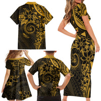 Polynesian Sunset Plumeria Family Matching Short Sleeve Bodycon Dress and Hawaiian Shirt Gold Polynesian Tattoo LT05 - Polynesian Pride