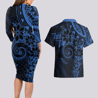 Polynesian Sunset Plumeria Couples Matching Long Sleeve Bodycon Dress and Hawaiian Shirt Navy Polynesian Tattoo LT05 - Polynesian Pride